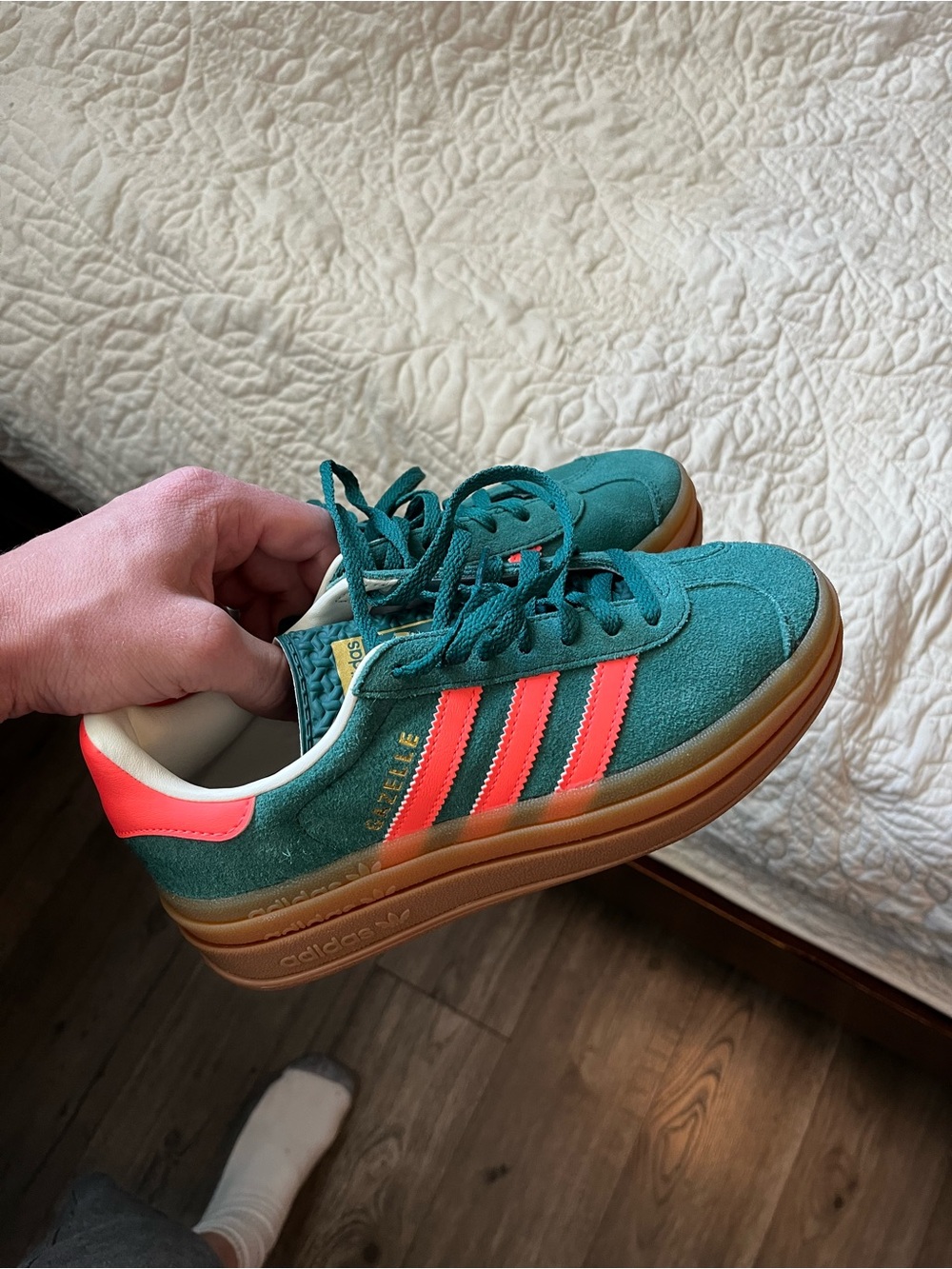 adidas Gazelle Platform Sneakers in Dark Green with Coral Highlights - Picture 6 of 10